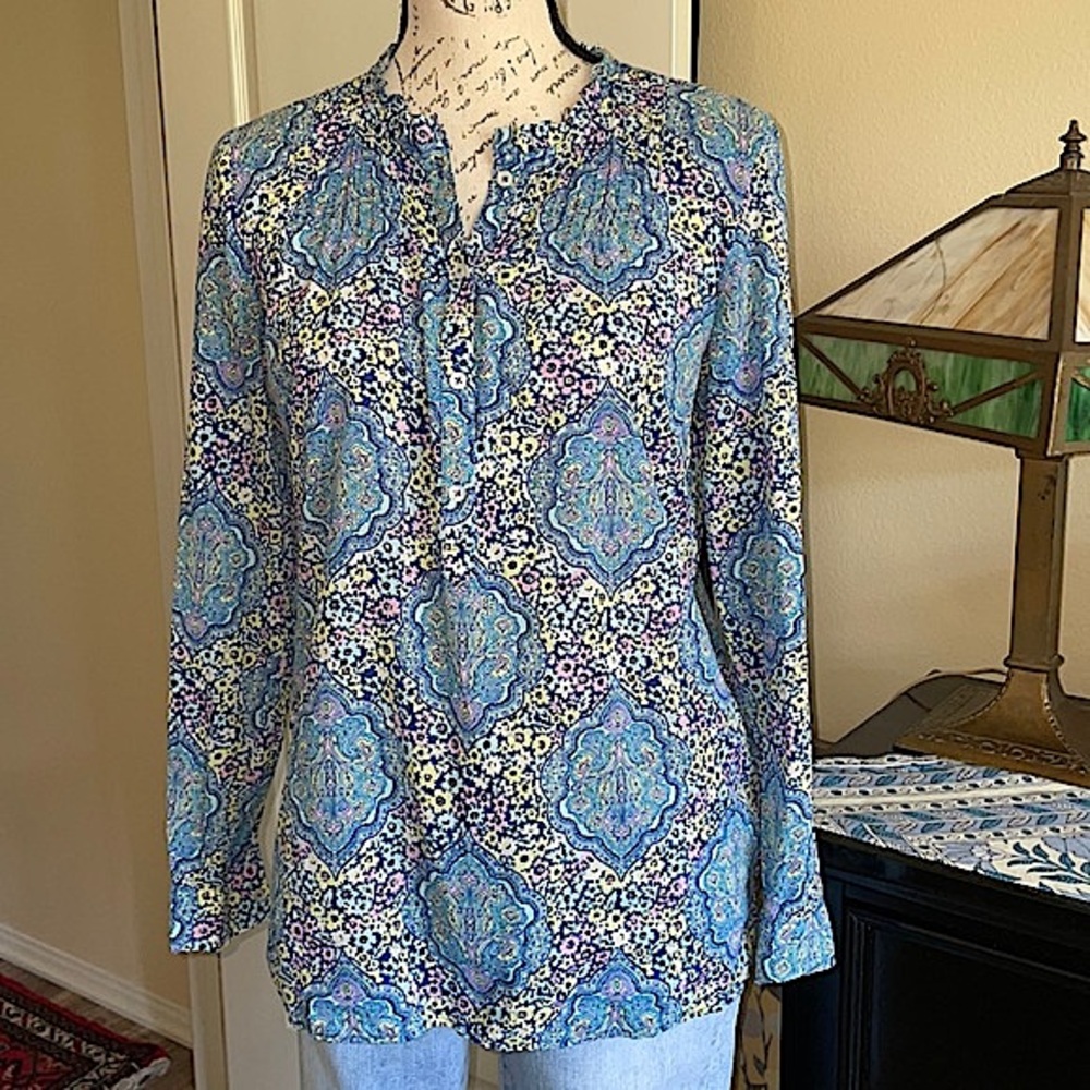 Talbots Pastel Gardens Floral Popover Blouse - Picture 2 of 10